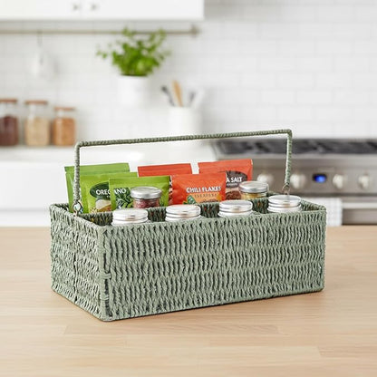Utensil Holder, Hand Woven Silverware Caddy, 5 Compartments Flatware Organizers, Paper Plate Dispenser with Handle, Kitchen Countertop Organizer for Spoons Forks Plates Napkins, Green