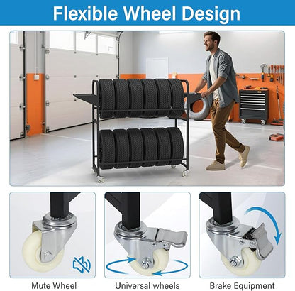 Tire Storage Rack 44" x 44" x 18" with Anti-Dust Cover, Rolling Adjustable Black Alloy Steel Tire Rack for Garage with 4 Swivel Casters & 2 Storage Shelves