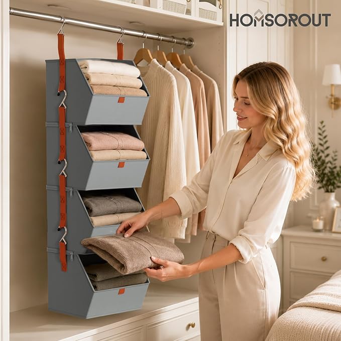 Homsorout Hanging Closet Organizer 4 Tier - Clothes Hanging Shelves, Space-Saving Closet System, Fabric Storage Bins Bedroom Organization, Collapsible Baskets for Home, Dorm, Rv, Grey, 8 Pack