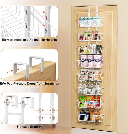 8 Tier Over the Door Pantry Organizer, Over the Door Spice Rack with Adjustable Baskets, Metal Hanging Door Pantry Organizers and Storage for Kitchen Bathroom Bedroom, White