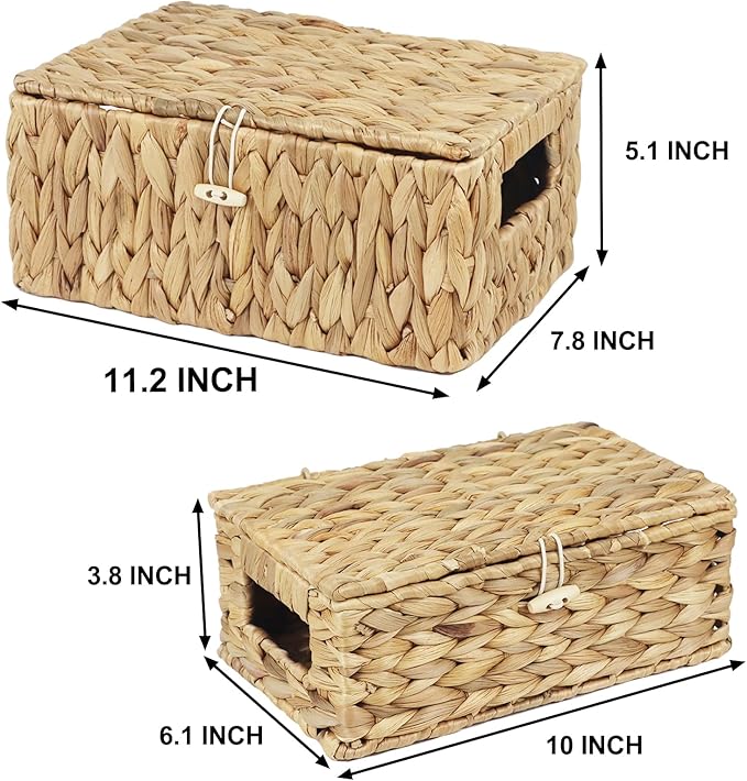 Set of 2 Wicker Baskets with Lid, Small Woven Wicker Storage Bins, Natural Water Hyacinth Basket Multipurpose Decorative Storage Boxes for Shelf Organizer (11.2" x 7.8" x 5.1" + 10" x 6.1" x 3.8")