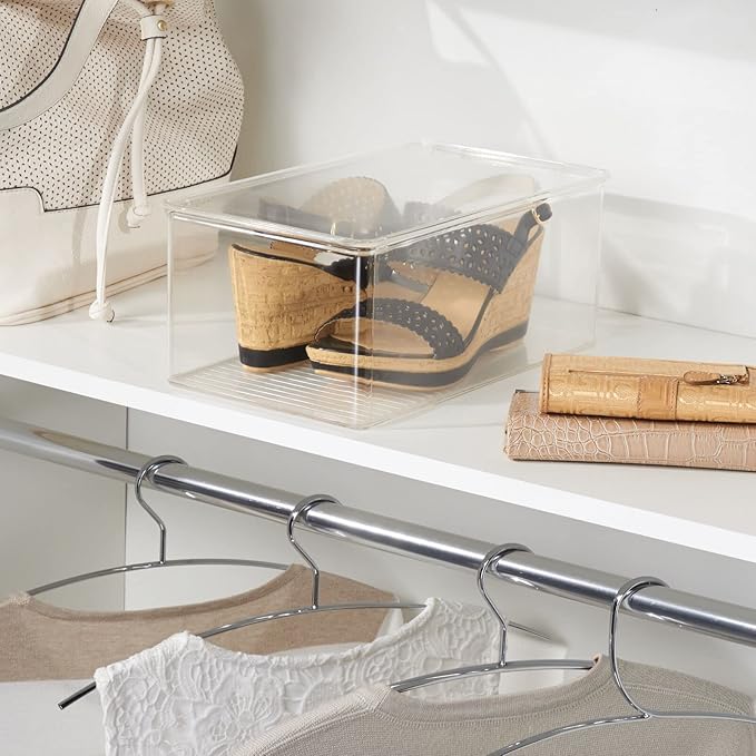 mDesign Stackable Plastic Closet Storage Container Bin Box with Hinge Lid for Organizing Shoes, Booties, Pumps, Sandals, Wedges, Flats, Heels - Lumiere Collection - 4 Pack - Clear