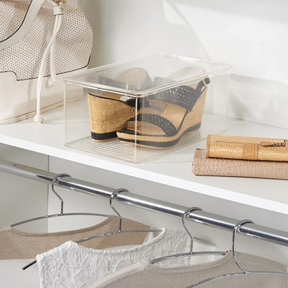 mDesign Stackable Plastic Closet Storage Container Bin Box with Hinge Lid for Organizing Shoes, Booties, Pumps, Sandals, Wedges, Flats, Heels - Lumiere Collection - 4 Pack - Clear