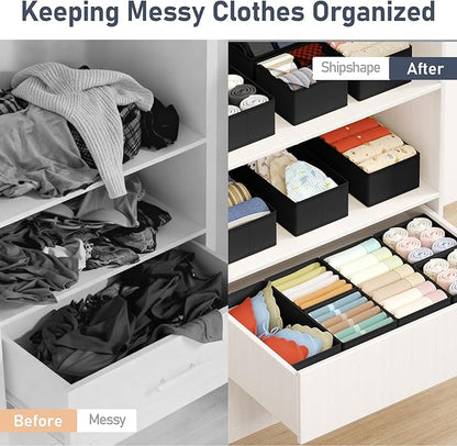 DIMJ Drawer Organizers Clothes, Set of 16 Dresser Organizer Bins, Fabric Closet Organizers and Storage, Shallow Drawer Dividers for Nursery, Clothing, Baby Clothes, Socks, Underwears, Tie (Black)