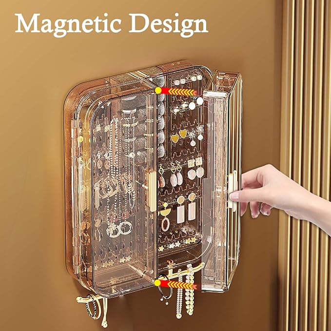Wall Mounted Jewelry Organizer, No Punching Installation, Hanging Jewelry Organizer Box and Storage Case, Necklace Earring Holder Organizer Wall for Women Teen Girls (Gray Gold)