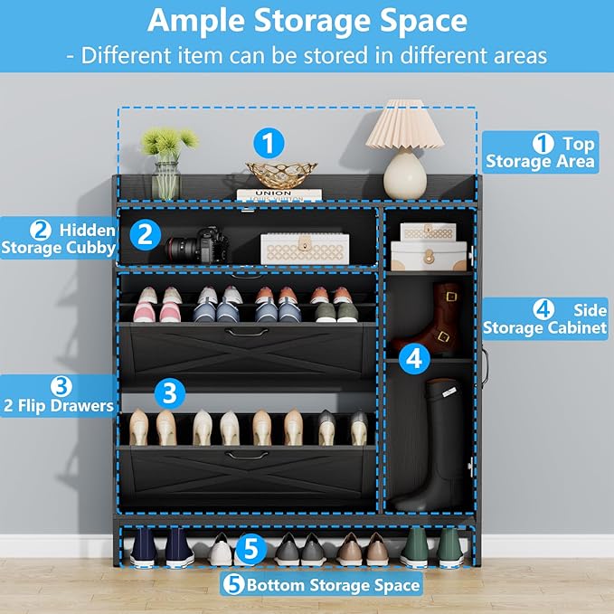 Gyfimoie Shoe Storage Cabinet with 2 Flip Drawers, Freestanding Shoe Cabinet Organizer with Storage Shelf, Shoe Rack with Adjustable Side Cabinet, Narrow Farmhouse Shoe Cabinet for Entryway (Black)