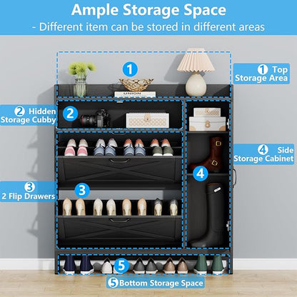 Gyfimoie Shoe Storage Cabinet with 2 Flip Drawers, Freestanding Shoe Cabinet Organizer with Storage Shelf, Shoe Rack with Adjustable Side Cabinet, Narrow Farmhouse Shoe Cabinet for Entryway (Black)