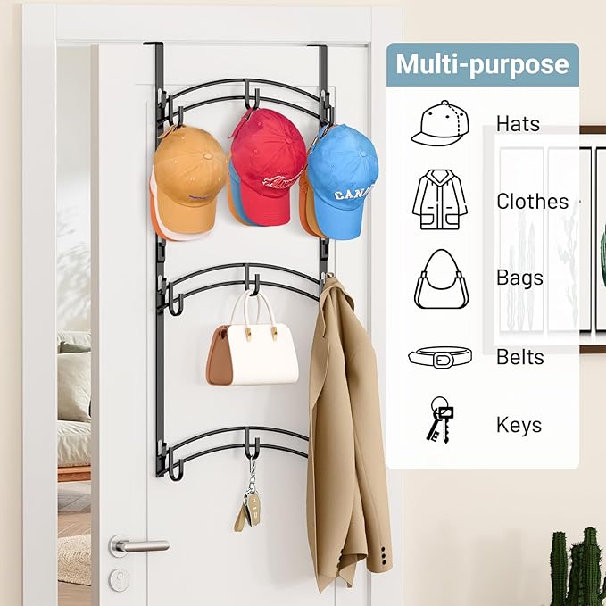 AOODA Space Saving Over the Door Hat Rack for Baseball Caps, Holds up to 27 Caps Metal Hat Organizer with 9 Hooks, Hanging Hat Holder Hanger for Closet, Bedroom (Black)
