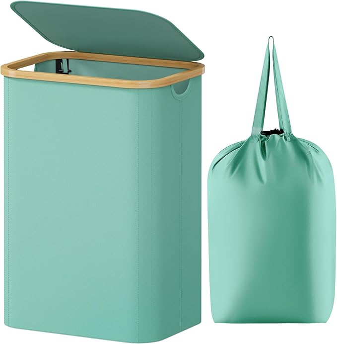 Lifewit 80L Laundry Basket with Lid, Clothes Hampers for Laundry with Bamboo Handles and 1 Removable Bag, Large Foldable Laundry Hamper for Bedroom, Bathroom, Dorm, Laundry Room, Sage Green