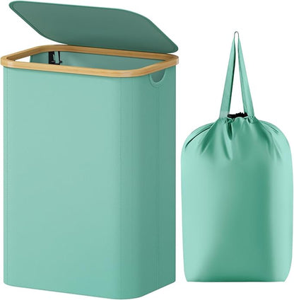Lifewit 80L Laundry Basket with Lid, Clothes Hampers for Laundry with Bamboo Handles and 1 Removable Bag, Large Foldable Laundry Hamper for Bedroom, Bathroom, Dorm, Laundry Room, Sage Green