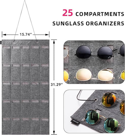 Sunglasses Organizer Storage- Hanging Eyeglasses Wall Pocket Mounted,Eyewear Display,25 Slots