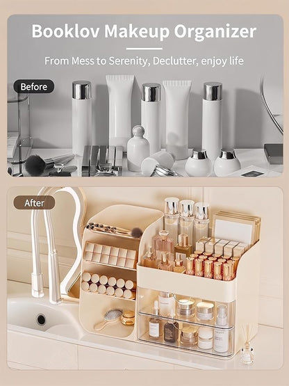 Booklov Makeup Organizer for Vanity, Countertop Cosmetic Display Case with Clear Acrylic Drawers, Bathroom Counter Beauty Caddy, Cute Table Storage Holder for Skincare, Brush Lipsticks, Crystal Creem