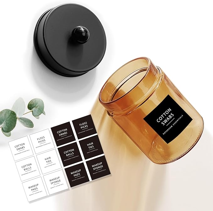 Amolliar Amber Glass Qtip Holder, Apothecary Jars with Black Metal Lid & Stickers-Bathroom Qtip Dispenser Storage Organizer Set, Vanity Countertop Canister for Cotton Swabs, Floss Container(1 Pack)
