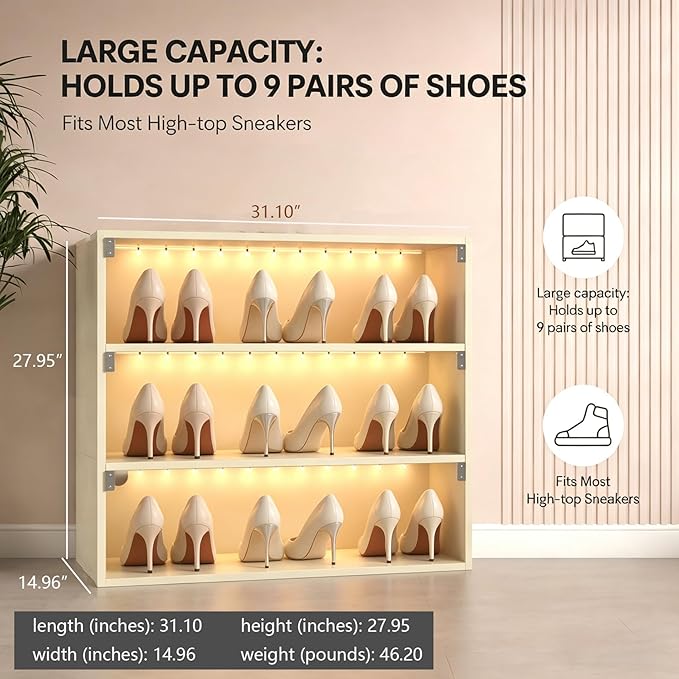 Sneaker Display Case with Lights featuring LED Intelligent Control Shoe Storage Box, Stackable LED Shoe Box Wood Shoe Display Case for Luxury Sneaker Storage (Beige 3-layer)