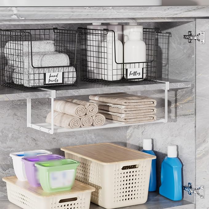 Expandable Shoe Rack Organizer, Hanging Shoe Organizer for Closet & Adjustable Under Cabinet Shelf,Shoe Storage Rack Retractable for Kitchen and Clothing Storage (White, 2 Pack)