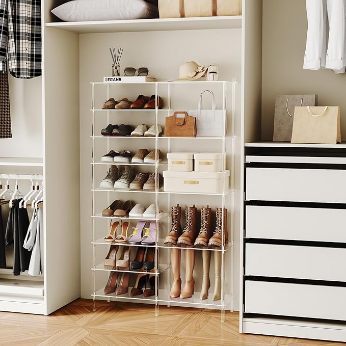 Aquiver 9 Tiers Acrylic Shoe Rack - Large Capacity Two Rows Shoe Organizer - Tall Boot Storage Shelf for Entryway, Closet, Garage, Bedroom, 28-32 Pairs, 36.2'' L x 11.8'' W x 59.6'' H