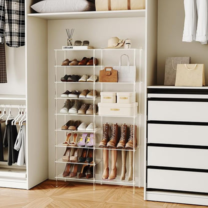 Aquiver 9 Tiers Acrylic Shoe Rack - Large Capacity Two Rows Shoe Organizer - Tall Boot Storage Shelf for Entryway, Closet, Garage, Bedroom, 28-32 Pairs, 36.2'' L x 11.8'' W x 59.6'' H