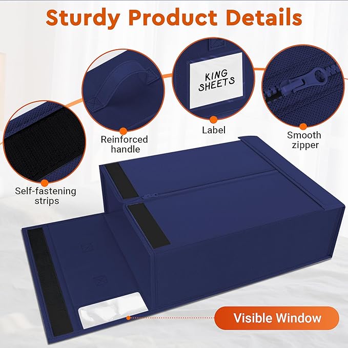 StorageTastic 2 Pack Bed Sheet Closet Organizers and Storage,Sturdy Foldable Storage Containers with Window and Label,Storage and Organization for Bedding Sheets,Duvet Covers,Blankets (Blue)