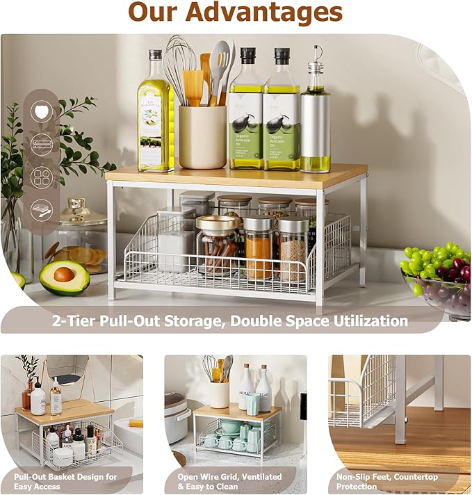 KLM Pull Out Spice Rack Organizer for Cabinet,Rustic Wood Top with Wire Basket Storage,Kitchen Countertop Organizer and Storage for Pantry, Counter top,Coffee Station Wood. (Natural)