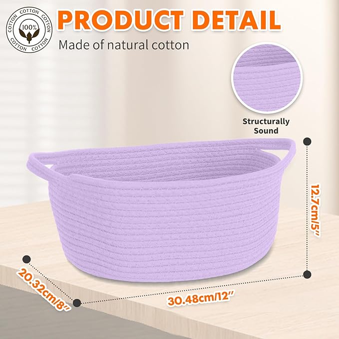 ShellKingdom Storage Basket with Handles, Empty Gift Basket for Christmas with Gift Bags and Ribbon, Small Woven Baskets for Home, Nursery Storage Organizer, 12 X 8 X 5 INCH, Lavender