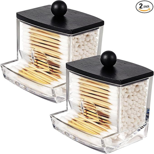 SheeChung 10Oz Acrylic Qtip Holder Dispenser for Cotton Swab, Clear Plastic Containers Apothecary Jars with Bamboo Lid, Bathroom Accessories, Vanity Organizers and Storage, Home Essentials-Black, 2Pcs
