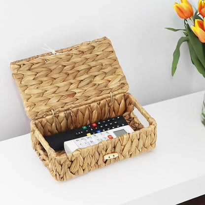 Small Basket with Lid, Wicker Storage Basket for Organizing, Rectangular Woven Basket for Storage, Water Hyacinth Decorative Boxes Bins with Lids (9" x 5.1" x 3")