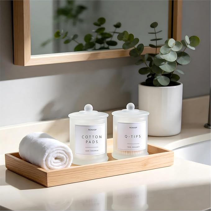Ronasip Qtip Holder & Cotton Pad Dispenser, Bathroom Organizer and Storage Canisters, 16oz Glass Apothecary Jars for Kitchen, Restroom - Home Decor, Room Decor Aesthetic (2 Pack, Frosted White)