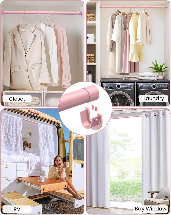 Supforce Closet Rods for Hanging Clothes, 17 to 84 Inches Stepless Adjustable Metal Closet Rod, 1.3 Inches Heavy Duty Clothes Hanging Rod for Closet Wardrobes Laundry RV, Pink