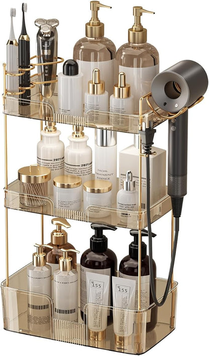 Akinbas 3 Tier Bathroom Organizer Countertop Makeup Perfume Tray Skincare Organizer Comes with Hair Dryer Rack and Toothbrush Holder for Bathroom Dresser Vanity (Gold)