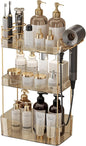 Akinbas 3 Tier Bathroom Organizer Countertop Makeup Perfume Tray Skincare Organizer Comes with Hair Dryer Rack and Toothbrush Holder for Bathroom Dresser Vanity (Gold)