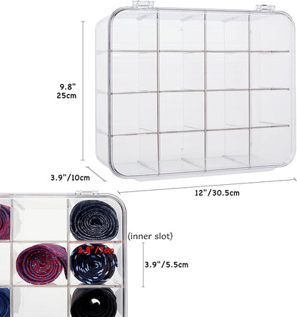 Tie Rack Organizer, Clear Tie Organizer Box, Acrylic Tie Display Rack for 16 Ties Storage, Tie Box Organizer for Men Tie Holder (Transparent)