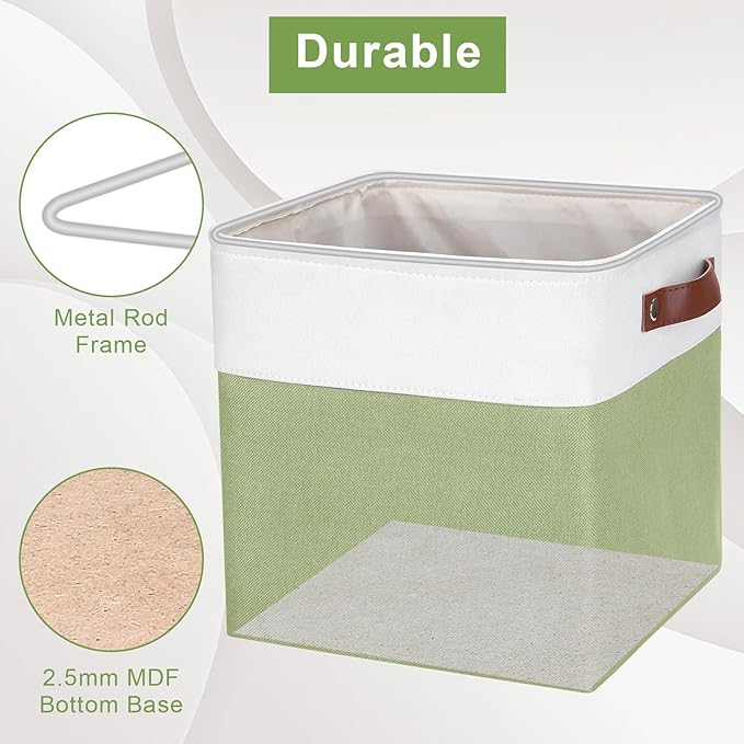 Bagnizer Collapsible Fabric Storage Cubes 11x11 Cube Storage Bins, 4 Pack Closet Baskets Box with Handles for Organizing, Shelf, Toys, Clothes, Home, Office, Nursery (Green&White)
