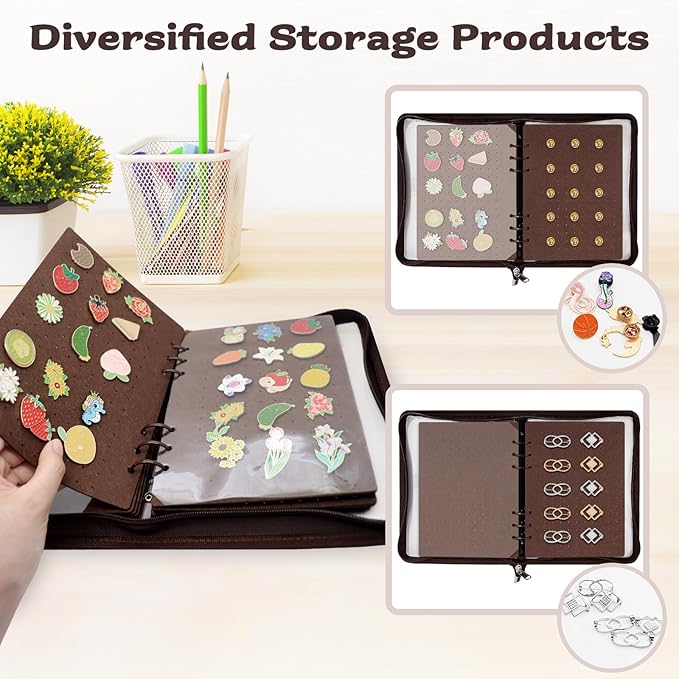LIQALU Enamel Pin Display Book Pin Collection Binder Holder Trading Book with 8-Page Display Boards A5 Brooch Pin Storage Organizer Binder Album for Travel Collectors (Dark Brown)