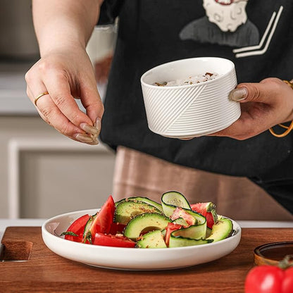 Salt and Pepper Bowls: 10 oz Ceramic Stackable Spice Cellar with Wooden Lid - Stacked Seasoning Storage Containers for Countertop Stovetop - Striped, White