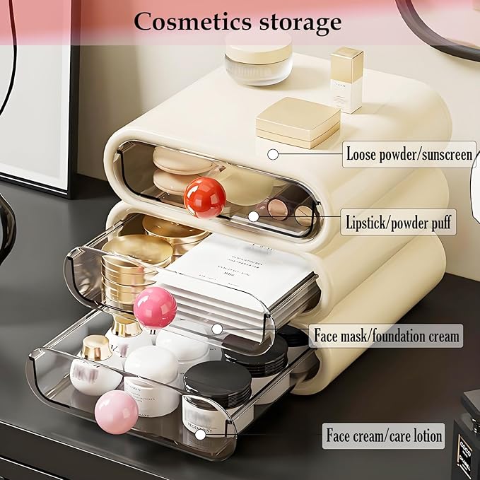 3-Tier Drawer Makeup Organizer for Vanity Small Desk - Non-Stackable Clear Front Cosmetic Storage Holder for Bathroom Counter & Office Desktop -7.9x7.5x7.3in (Cream White)