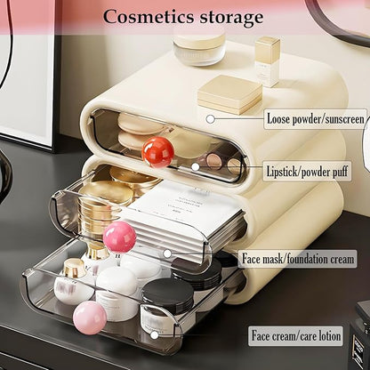 3-Tier Drawer Makeup Organizer for Vanity Small Desk - Non-Stackable Clear Front Cosmetic Storage Holder for Bathroom Counter & Office Desktop -7.9x7.5x7.3in (Cream White)