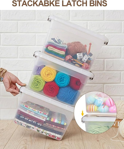 Citylife 4 Packs 6 QT Storage Bins with Lids Clear Plastic Bins with Grey Handle Stackable Storage Containers for Organizing