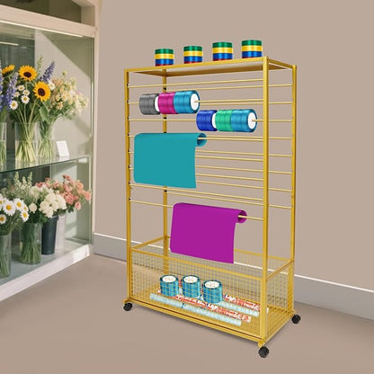 Double-Sided 16 Tier Ribbon Rack, Large Capacity Rolling Ribbon Wrapping Paper Organizer w/Top Shelf & Basket, Movable Metal Storage Cart for Home Retail Studio, 39"x13"x59" (Gold)