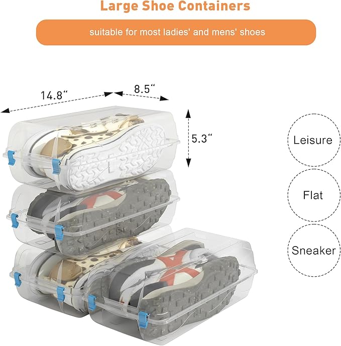 Shoe Organizer for Closet, 4 Pack Plastic Shoe Storage Boxes, Space Saving Stackable Shoe Storage Bins, Sneaker Storage Containers with Clear Lids for Display, Blue