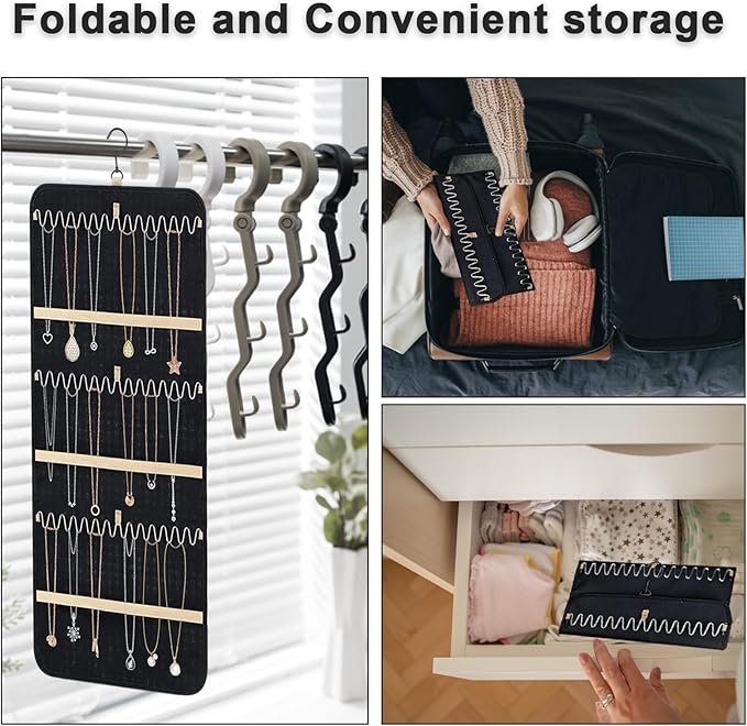 Tefola Hanging Jewelry Organizer, Double-Sided Necklace Organizer Jewelry Holder Organizer for Earrings, Necklaces Rings, Glasses, Sunglass Organizer for Closet, Wall, Door (Black, Large Size)