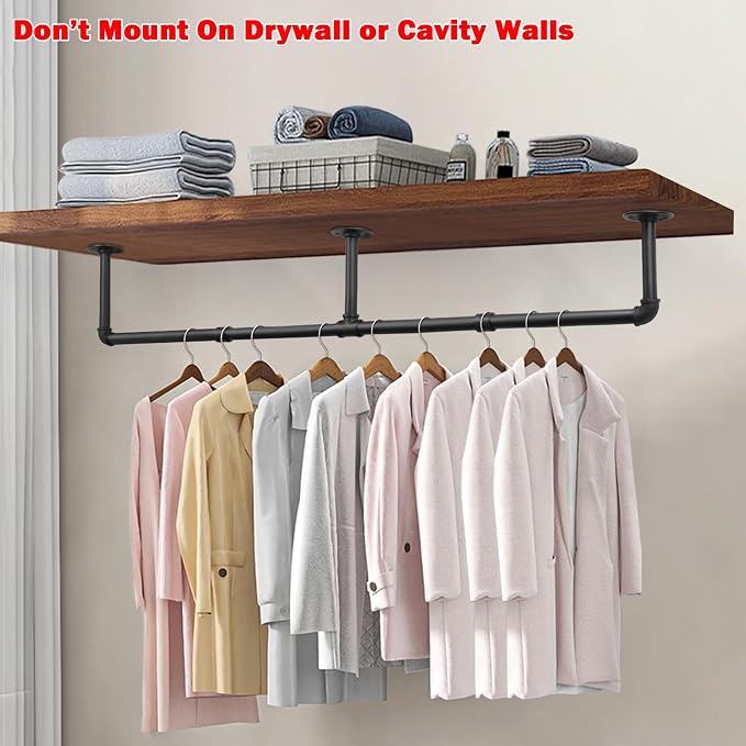Livabber Industrial Pipe Clothes Rack, Heavy Duty Detachable Iron Garment Rack Wall Mounted, Rustic Saving Space Clothes Bar Multi-Purpose Hanging Rod for Bedroom, Closet, Black (60 Inch)