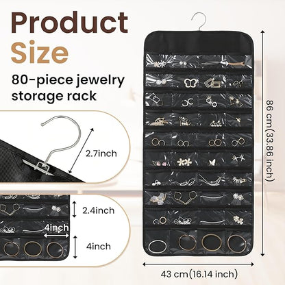 Black Hanging Jewelry Organizer, 80 Pockets Double-Sided, Wall Door Closet Storage for Earrings Necklaces Rings