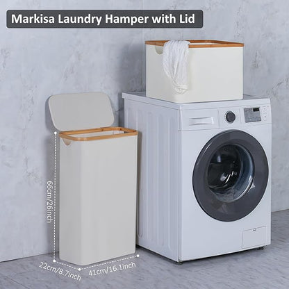 Slim Laundry Hamper,Narrow laundry Hamper with Lid,60L Hamper for Laundry,Dirty Cloth Hamper with Bamboo Handle for Towels, Clothes Organizing,Beige
