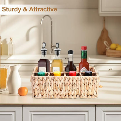 Wicker Party Silverware Caddy, Water Hyacinth Plastic Cutlery Utensil Holder, Hand Woven with Handles, Kitchen Countertop and Picnic flatware Organizer (5 compartments)