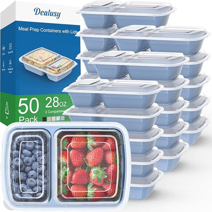 Dealusy 50 Pack (100-Piece) 28 oz Meal Prep Containers Reusable with Lids 2-Compartment, Sturdy Leakproof Food Safe, Microwave Freezer Dishwasher Safe, To Go Take Out Plastic Food Storage, Blue
