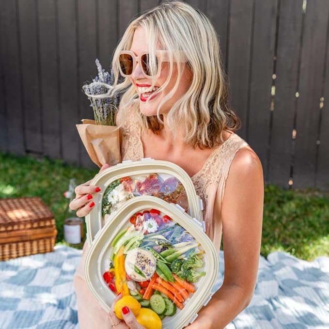 Crudités | Portable Snack Tray | Square 2-Pack | Cream White | Reversible Stretch Lid Food Containers | BPA-Free, Freezer & Dishwasher Safe | Meal-Prep, Charcuterie, Salads, Picnic, Travel