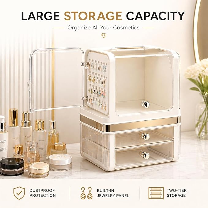 Makeup Organizer with Drawers, Large Acrylic Dustproof Cosmetic Storage Box with Lid, 2-Layer Vanity Organizer for Skincare, Perfume & Bathroom Countertop (28.5 × 20 × 38 cm)