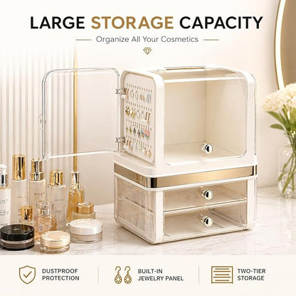 Makeup Organizer with Drawers, Large Acrylic Dustproof Cosmetic Storage Box with Lid, 2-Layer Vanity Organizer for Skincare, Perfume & Bathroom Countertop (28.5 × 20 × 38 cm)