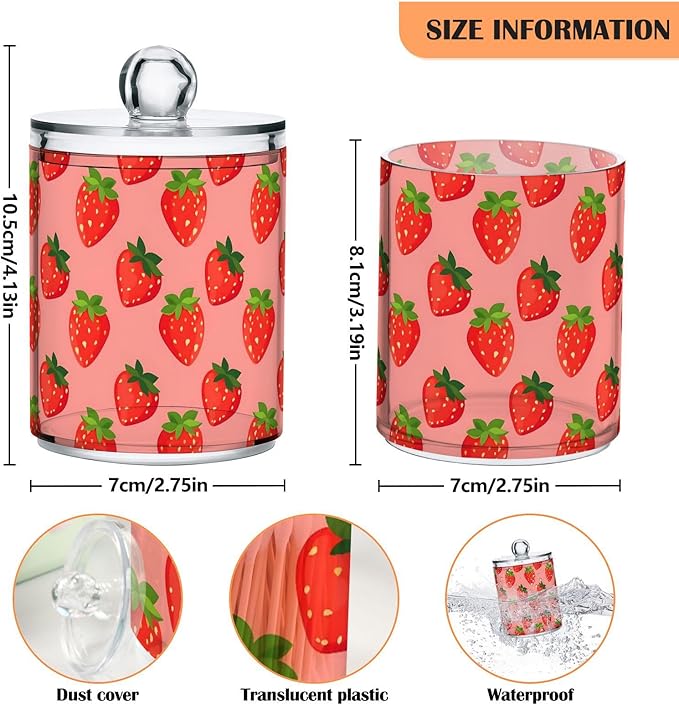 ALAZA 2pcs Cute Fruit Strawberry Qtip Holder Dispenser 14 oz Bathroom Storage Clear Apothecary Jars Containers Cotton Ball,Cotton Rounds,Floss Picks, Hair Clips, Food