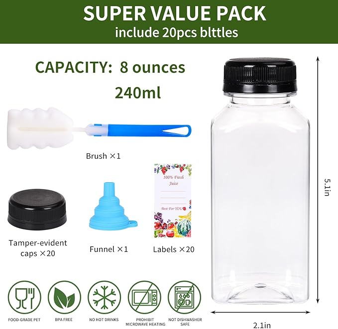 SUPERLELE 20pcs 8oz Plastic Juice Bottles, Reusable Juice Containers with Lids for Juicing, Smoothie, Drinking and Other Beverages